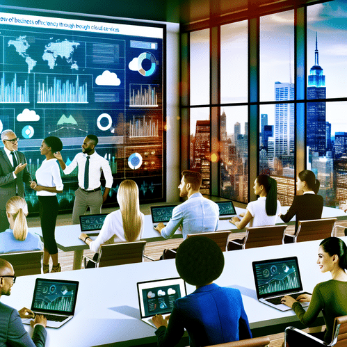 Diverse professionals collaborate in a modern office, analyzing cloud-based business metrics.